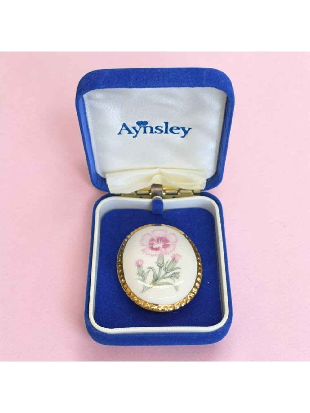 Aynsley Floral Porcelain Brooch In Harrods Velvet Box Gold Trim Pink Carnation